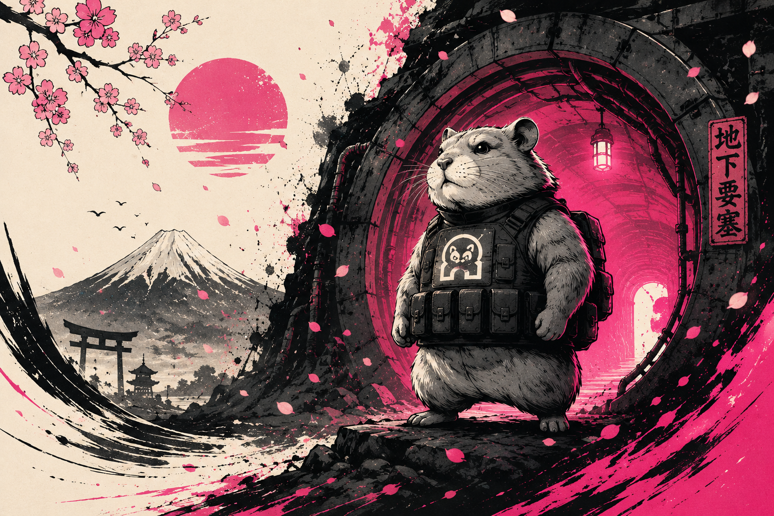 armored hamster at the mouth of an underground bunker tunnel