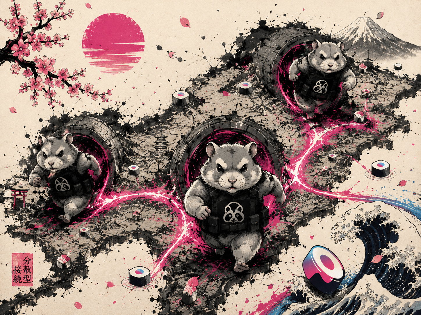 three armored hamster clones emerging from three tunnel portals connected by energy