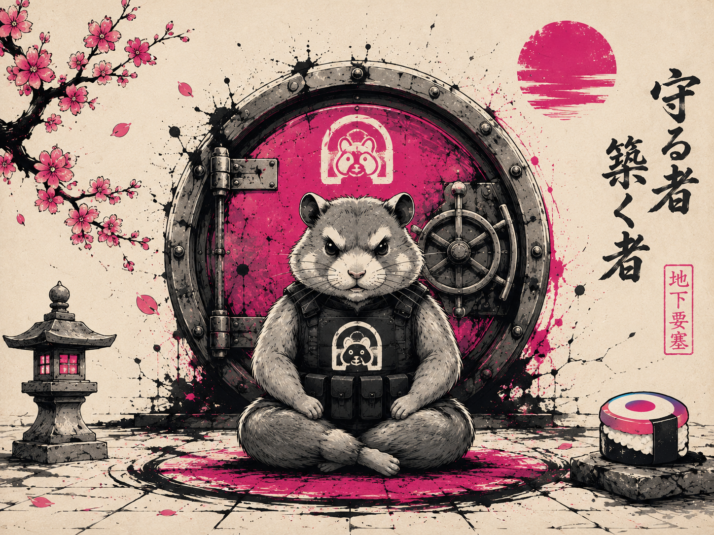 a calm armored hamster guarding a bunker vault door