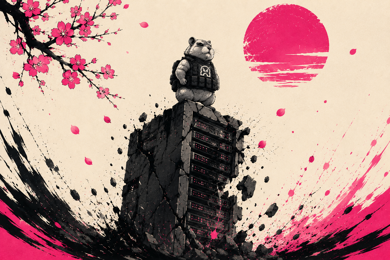 a lone hamster perched on a single cracked, failing server tower